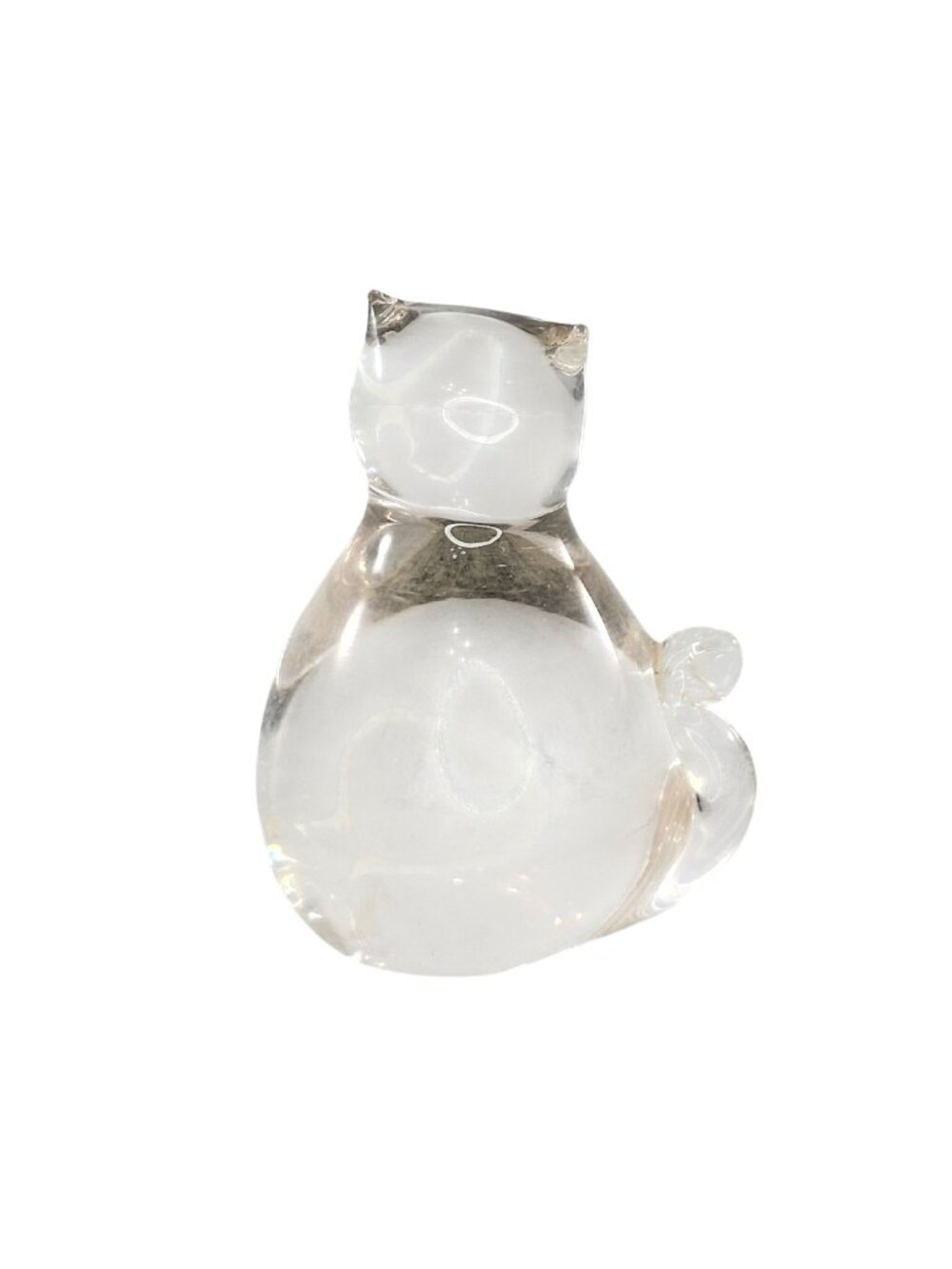 Handblown Clear Art Glass Cat Figurine Signed 2.5" Tall Paperweight Decorative